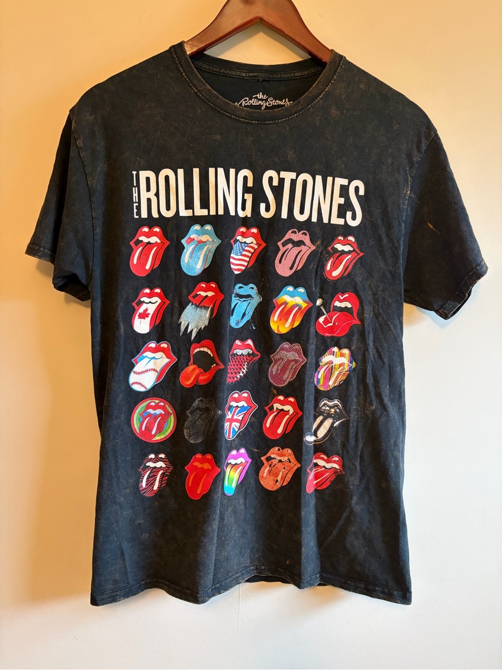 The Rolling Stones Black Tee with Multi-Color Tongue Icons